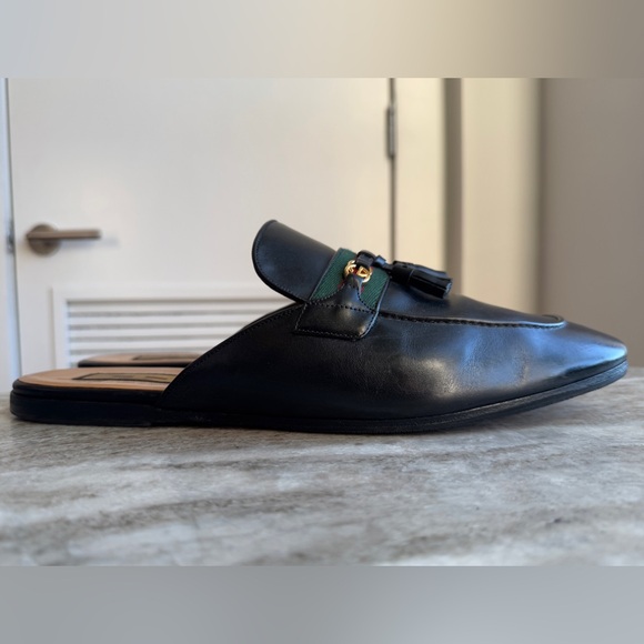 GUCCI PRINCETOWN BLACK LEATHER WEB TASSEL SLIPPER MULE 13/ 13.5 US LOAFER PARIDE - Picture 3 of 12